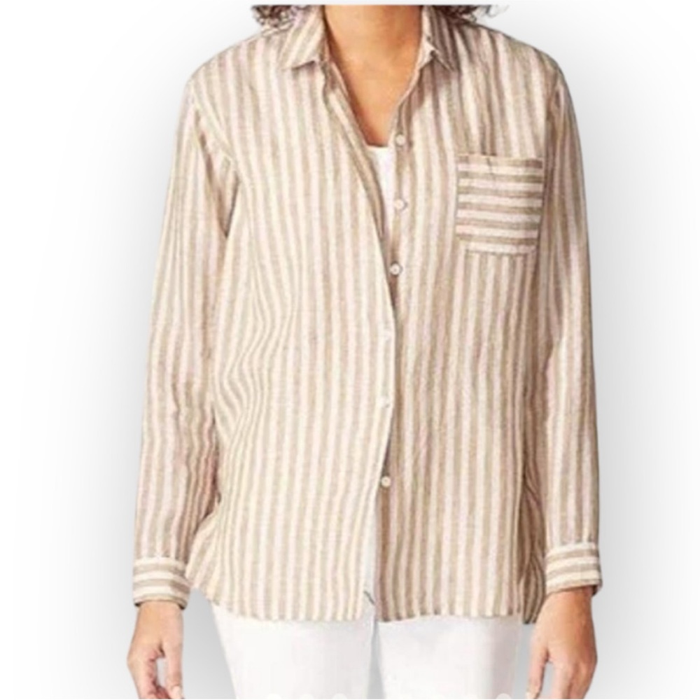 J. Jill Love Linen Tan Stripe Shirt top Long Sleeve Relaxed Fit Coastal Grandma